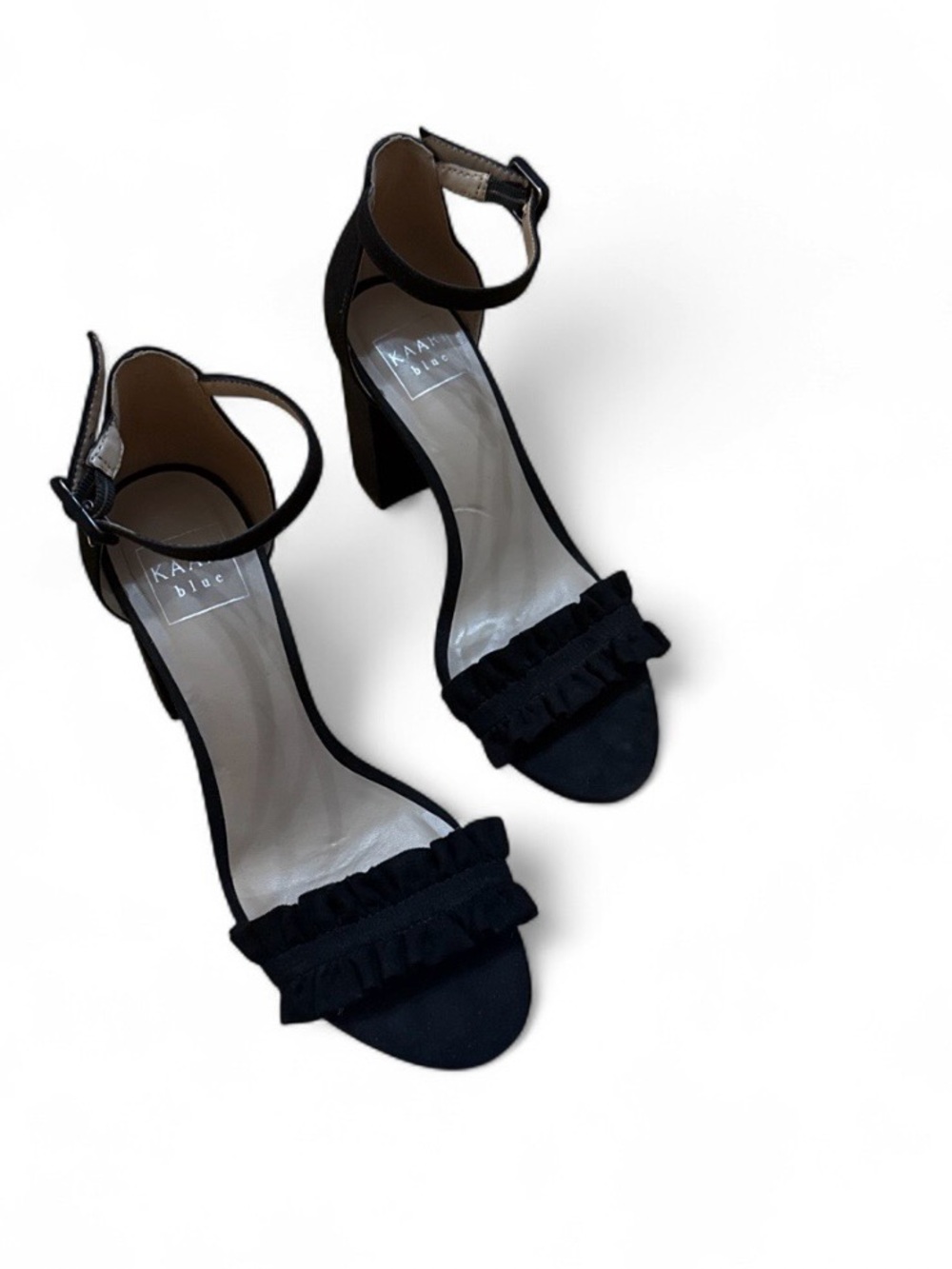 Kaari Blue ruffle suede block heels
